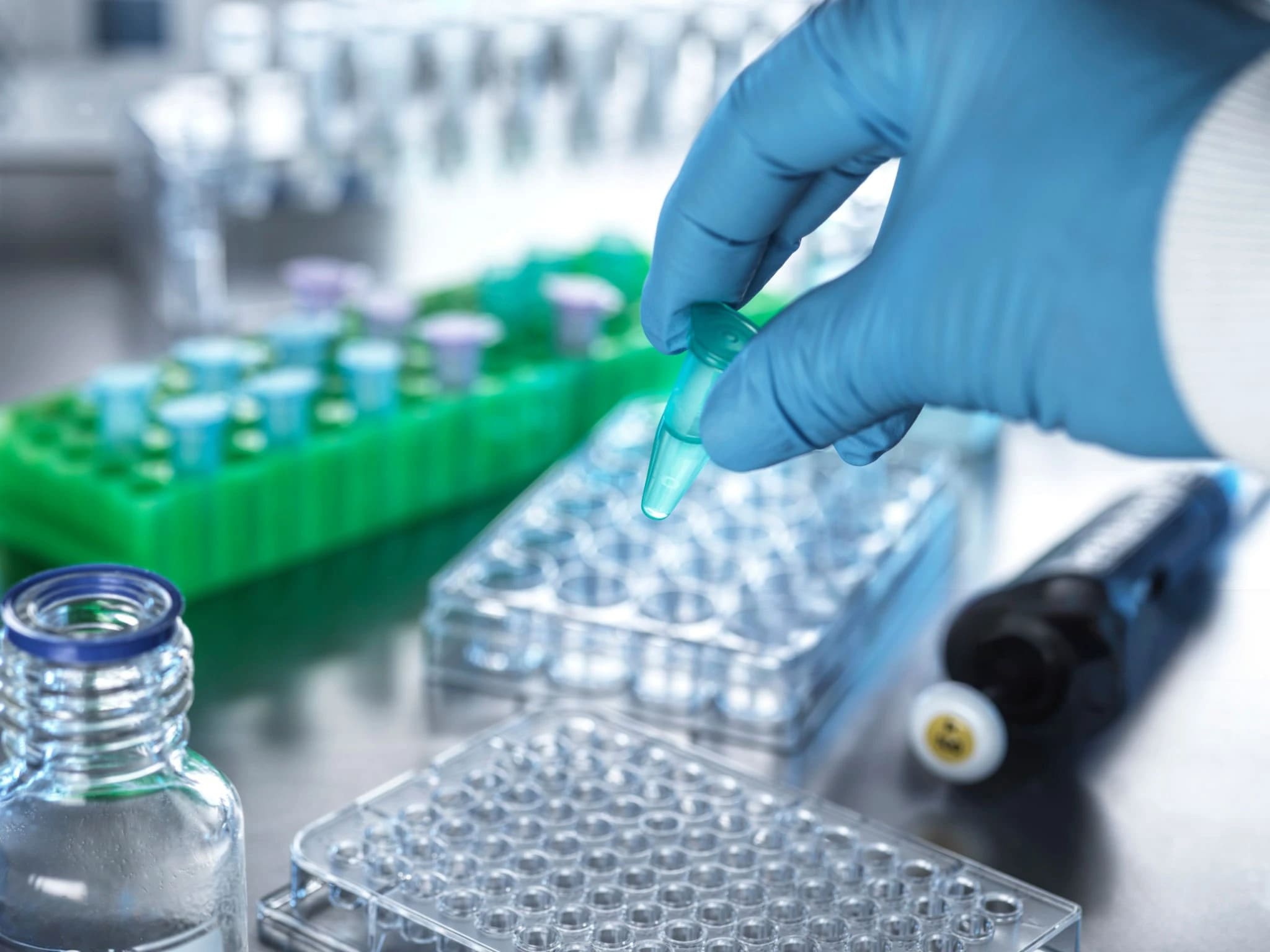 Scientist with blue gloves in lab